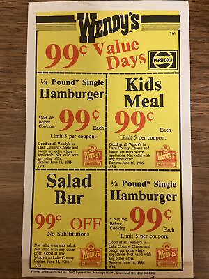 Wendy’s 0.99 Value Days Vintage Coupons Hamburger Kids Meal Salad Bar 1986 $7.60