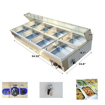 New Commercial Bain Marie Buffet Food Warmer 8 Pan with Glass Shield 110V 2200W $649.00