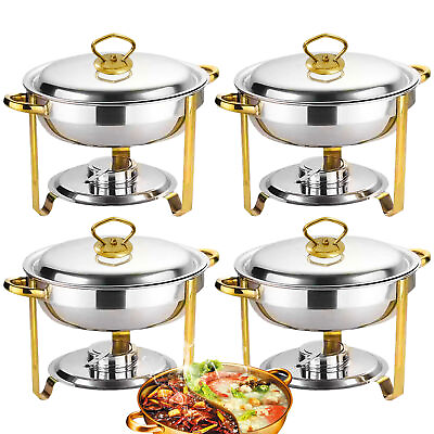 #ad #ad 4pcs Round Chafing Dish Buffet Set Stainless Steel Food Trays with Lid amp; Holder $207.09