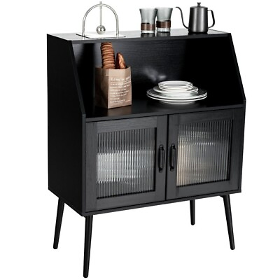Kitchen Storage Cabinet Cupboard Accent Sideboard Buffet with Glass Doors Black $138.55
