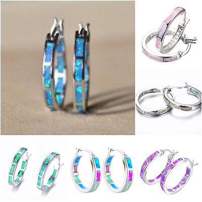 Romantic Fire Opal Hoop Earrings 925 Silver Women Drop Dangle Wedding Jewelry C $3.24