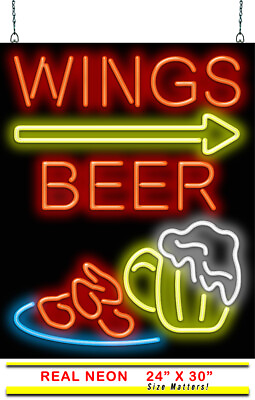 #ad Wings Beer With Right Arrow Neon Sign Jantec 24quot; x 30quot; Hot Pizza Bar Pub $539.00