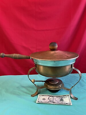 Vintage Copper Fondue Chafing Warmer Dish Double Boiler Wooden Handle $15.00