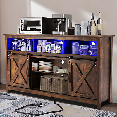 Farmhouse LED Coffee Bar Cabinet Barn Door Sideboard Buffet with Power Outlet $184.99