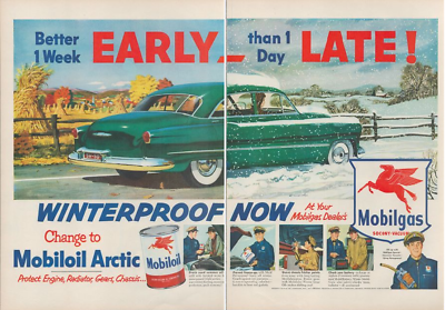 #ad 1950 Mobiloil Artic Oil Early Late Winterproof Mobilgas Vintage Print Ad 2 Page $11.99