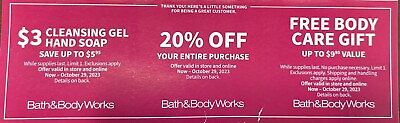 BATH amp; BODY WORKS Coupons 20% off $3 Hand Soap Body Care Gift exp. 10 29 23 $20.00