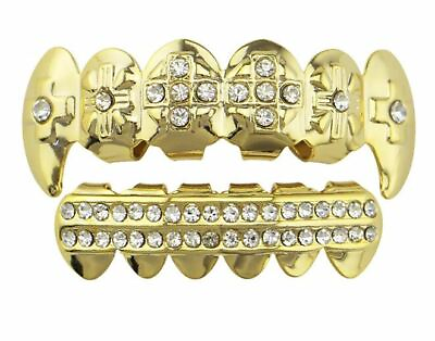 14K Gold Plated Lab Diamond Mouth Teeth Grills Grillz Set Cross Fangs w Mold Kit $9.99