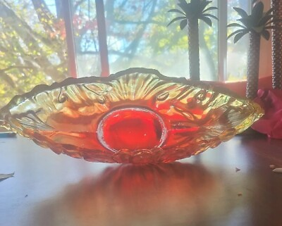 #ad Vintage Amberina Red amp; Yellow Cut Glass Boat Shape Bowl 15” Food Boat Party Dish $8.90