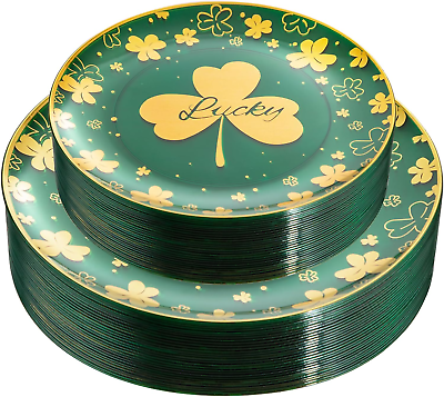 #ad #ad 60 Pcs Green Plastic Plates Green Party Plates with Gold Trefoil and Lucky Gre $49.24