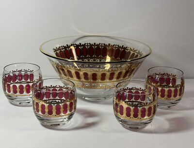 #ad Vintage CULVER CRANBERRY Scroll 22K GOLD Lg PUNCH BOWL amp; 4 ROLY POLY Bar GLASSES $112.50