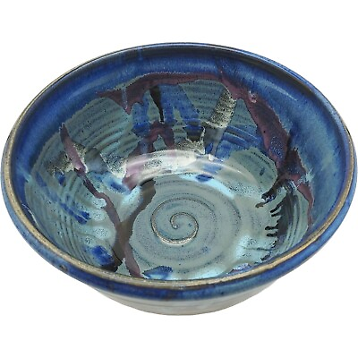 Handmade Pottery Salad Serving Bowl 9quot; Blue Gray Purple Retro Drip Glaze Signed $53.62
