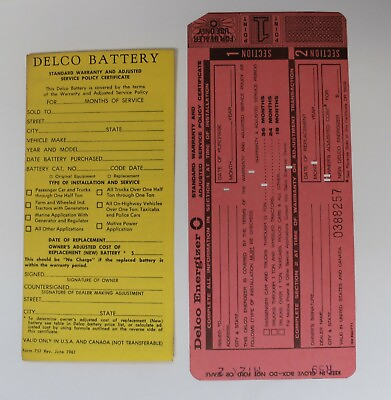 #ad 2 Vtg 1960s GM Delco Energizer Battery Warranty Cards Glove Box Mancave 741 $20.71