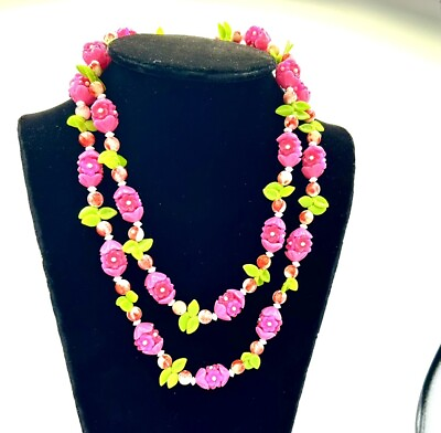 #ad Vtg 50’s Fruit Salad Style Plastic Multi Color Flower Necklace 48quot; Bright Pink $49.99