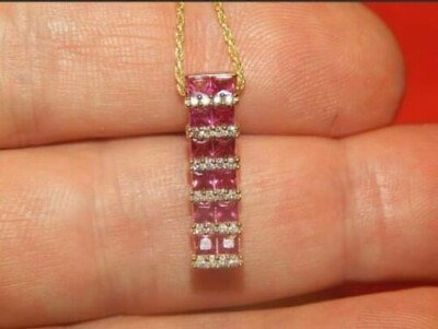 #ad Delicate 2Ct Princess Cut Lab Created Red Ruby Bar Pendant 14K Yellow Gold Over $80.15
