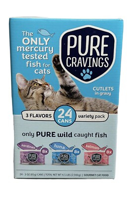 NEW PURE CRAVINGS WET CAT FOOD 3 Flavors 24 Cans The Only Mercury Tested Fish $41.80