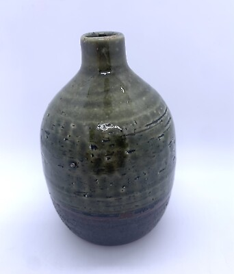 #ad Small Bottleneck Pottery Vase Green Glaze Boho 4.25” tall $15.00