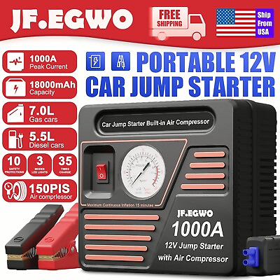 JF.EGWO 150PSI Air Compressor Inflator Car Jump Starter 1000Amp Portable Box 12V $157.98