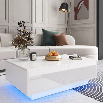 High Gloss LED Coffee Table Modern Living Room Wood End Table w Storage Drawers $169.99
