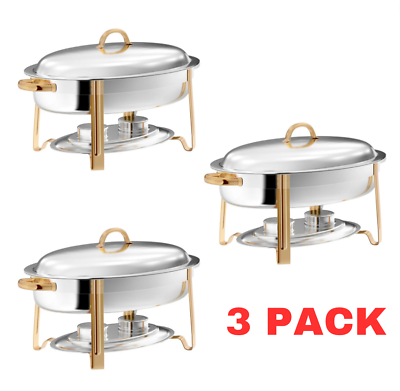 #ad #ad 3 Pack Deluxe 6 Qt. Gold Stainless Steel Oval Chafer Chafing Dish Set Full Size $193.97