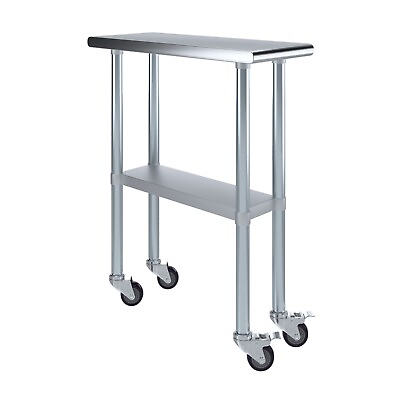 #ad 30 in. x 12 in. Stainless Steel Work Table with Wheels Metal Mobile Food Prep $179.95