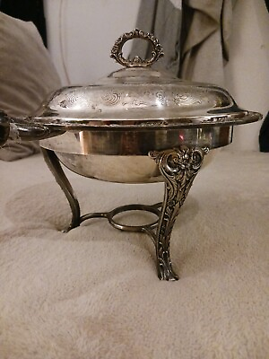 #ad VINTAGE SILVER PLATED CHAFING DISH WARMING TRAY WITH LID STAND AND BURNER $60.00