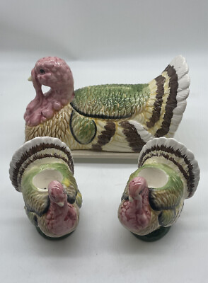 Brinn pottery turkey butter dish and candle holders $25.00