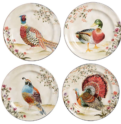 #ad Pottery Barn Botanical Harvest Mix Birds Dinner Plates S 4 Stoneware Assorted $85.00