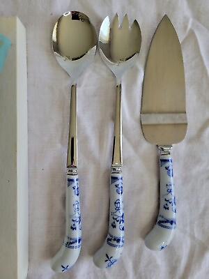 Blue And White Ceramic Serving Salad Spoons And Cake Server Stainless Steel $20.00