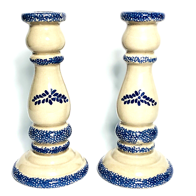 #ad COBALT BLUE SPONGEWARE CANDLESTICK HOLDERS Country Hermitage Pottery Village $18.98