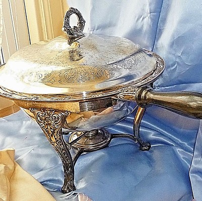 Vintage Chafing Dish Silverplate Etched Design w Sterno amp; Lid $79.99