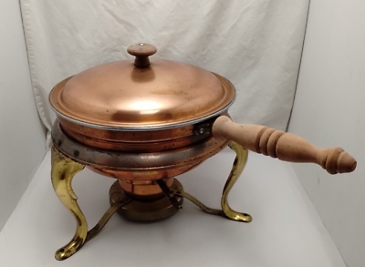#ad Large Vintage Copper Chafing Dish 9quot; Double Liner Candle Warmer Wooden Handle $22.49