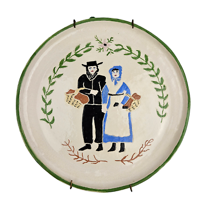 #ad Vintage Pottery Plate Amish Farmer Couple Hand painted Wall Decorative 1950#x27;s $22.00