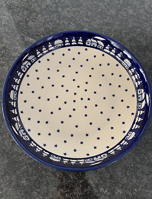 New Polish Pottery Winter Homes Holiday XLarge Shallow Bowl Blue 50% Charity $84.99