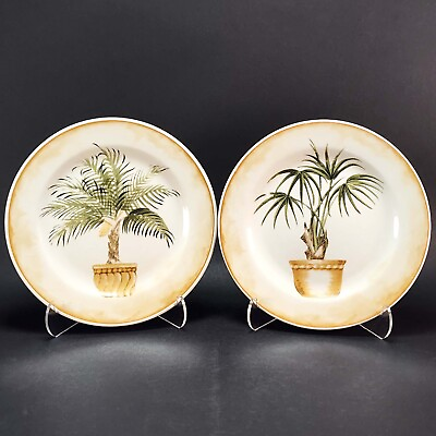 #ad American Atelier West Indies Salad Plates Brown Green Palm Plants 7 3 4quot; Set 2 $13.99