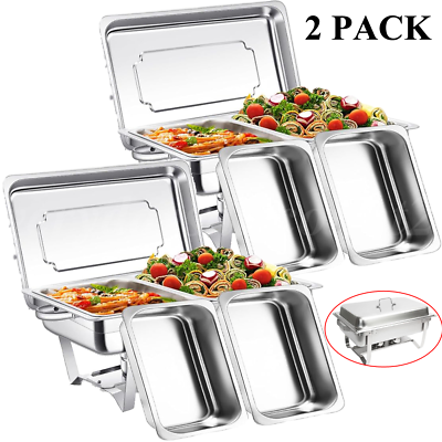 #ad 8 QT 2 Pack Stainless Steel Chafing Dish Buffet Set Chafer Dish W 1 2 Size Pans $67.99