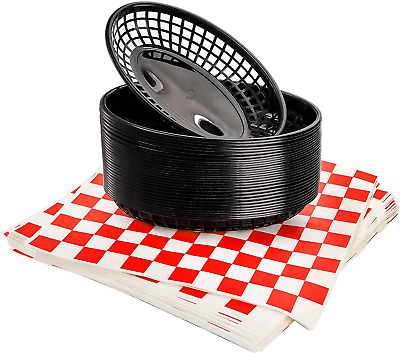 30 Black Oval Fast Food Baskets W 250 Checkered Deli Liners 8.9 X 5.6 X 1.5 In $31.27