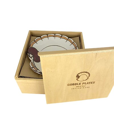 #ad #ad Pottery Barn Set Of 4 Gobble Plates Turkey Shape Wood Box Appetizer Dessert $36.00