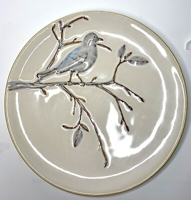 #ad Pottery Barn Salad Dessert Plate 9” Bird On Tree Branch 3D Ceramic Dishes PB $18.00