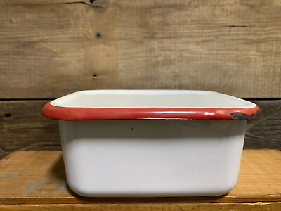#ad Vintage Enamelware Refrigerator Container White with Red Trim $15.99