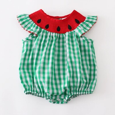 #ad NEW Boutique Watermelon Baby Girls Smocked Gingham Romper Jumpsuit $16.99