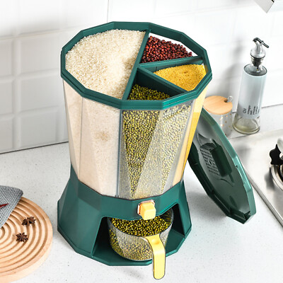 Rotating Grid Rice Separate Bucket Grain Dispenser Sealed Kitchen Food Container $52.00