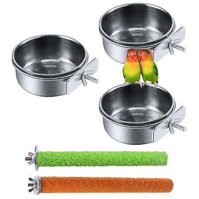 #ad Bird Feeding Dish Cups Parrot Stainless Steel Food Water Dish Perch Stand Pla... $19.48