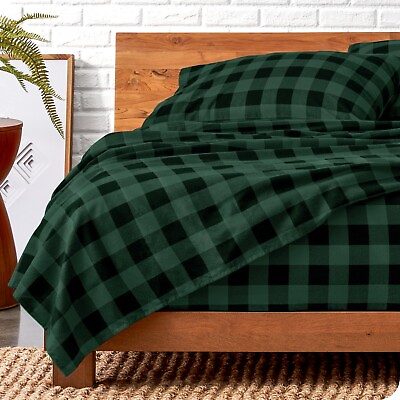 #ad #ad 100% Cotton Flannel Sheet Sets Buffalo Plaid Forest Green Black SOLD AS IS $21.99