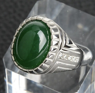 Oval Natural Jade Stone Ring Stainless Steel Silver Color $25.00