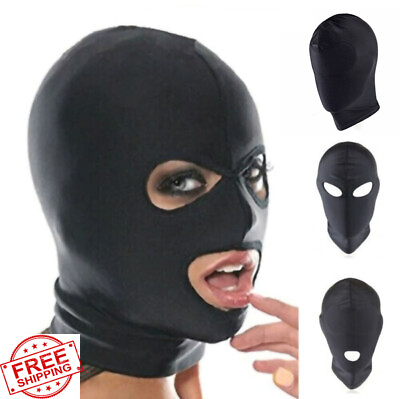 #ad Black Bondage Full Hood Head Face Mask Open Eye Mouth Role Play Spandex Headgear $9.99