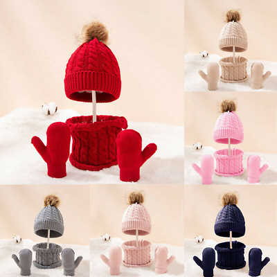 Children#x27;s Wool Knitted Hat Scarves Gloves Set Baby Warmer Lovely Fashion Suit $14.90