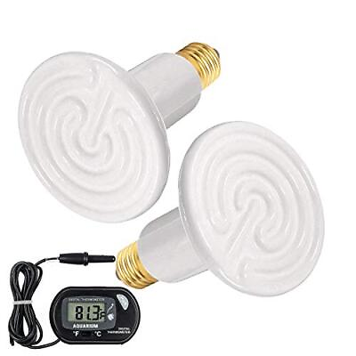 #ad 2 Pack 100W White Ceramic Heat Lamp with 1 pcs Digital ThermometerNo Light In... $16.32