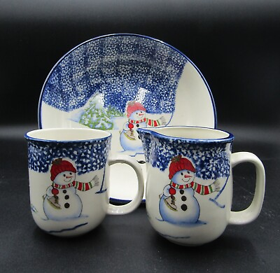 Thompson Pottery Winter Christmas Snowman 3 Pieces Serving Bowl Cup Creamer $25.00