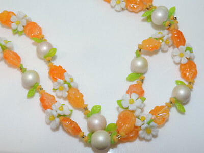 Vintage Fruit Salad Style Daisy Flower Leaf Orange Green 42quot; Long Necklace DC 3 $54.99