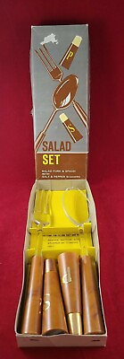 #ad Vintage Plastic Salad Service Set Spoon Fork amp; Salt amp; Pepper Shakers w ... $22.00